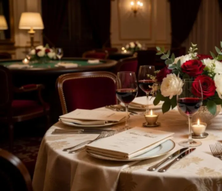 Romantycznie nakryty stół z kwiatami i winem na rocznicę w restauracji Kravinostera