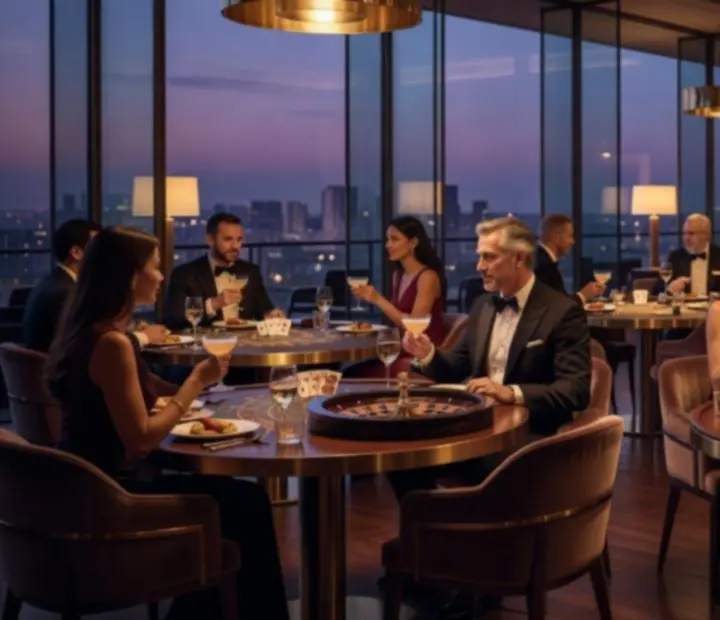 Cinematiczny widok luksusowej restauracji z eleganckimi stołami kasynowymi bez hazardu
