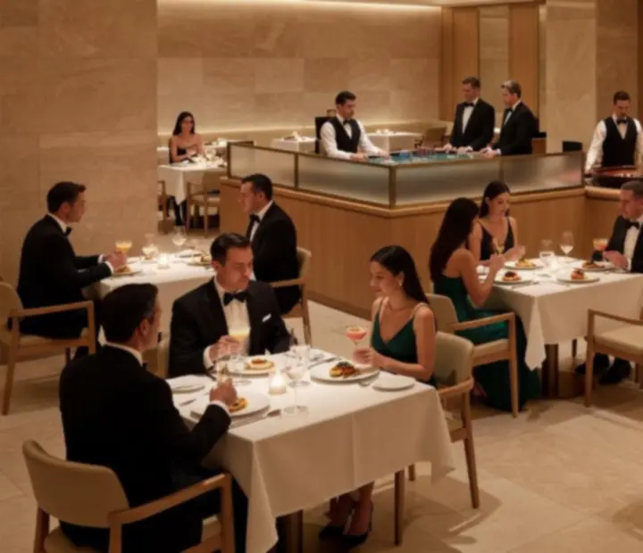 Luksusowa restauracja Kravinostera z eleganckimi stołami pokerowymi i gośćmi podczas wieczoru