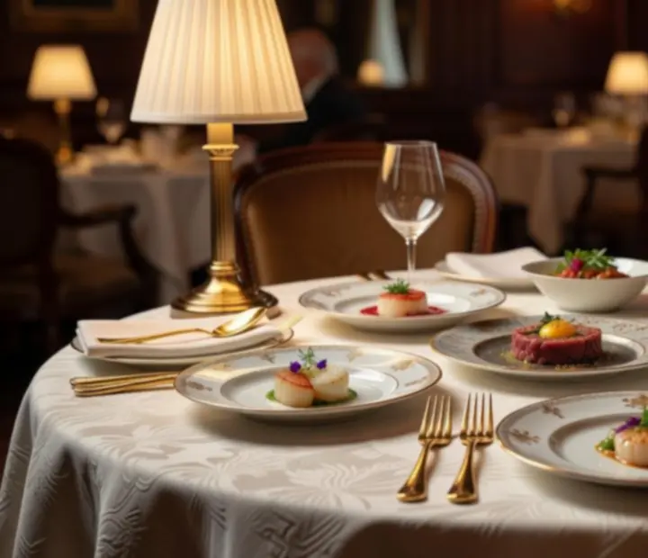 Elegancko serwowane dania w ramach menu degustacyjnego Kravinostera na tle subtelnego, kasynowego wnętrza