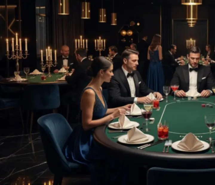Elegancki stół pokerowy otoczony daniami fine dining i kieliszkami koktajli w restauracji Kravinostera