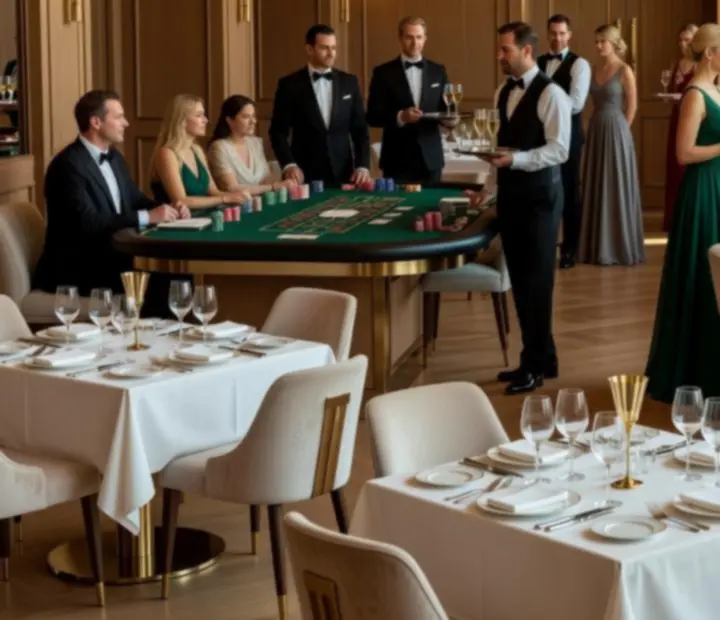 Luksusowa sala restauracyjna Kravinostera z nakrytymi stolikami gotowymi na wieczorne rezerwacje