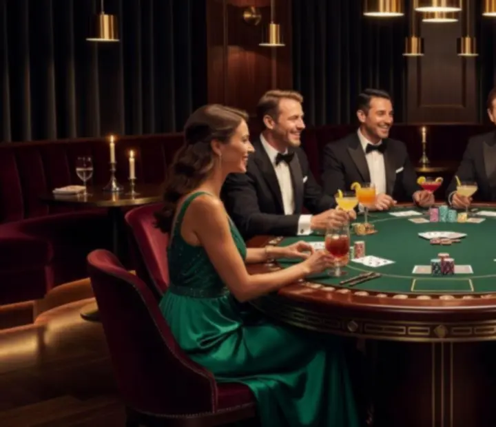 Goście podczas eleganckiego wieczoru tematycznego z kartami i stołami pokerowymi w restauracji Kravinostera